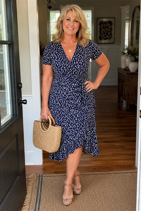 A Navy Printed Wrap Dress That Defines The Waist
