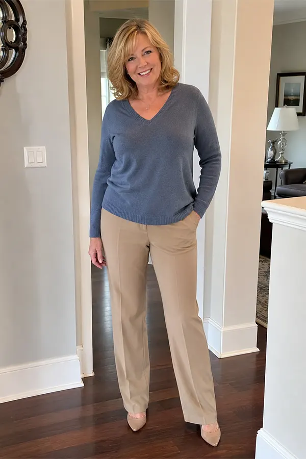 A Soft Blue V Neck Sweater With Straight Beige Pants