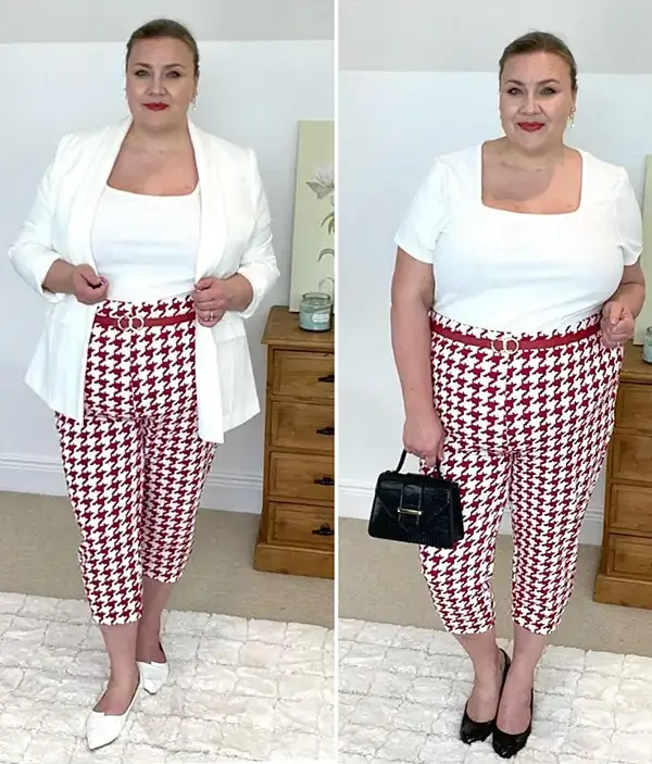 A White Square Neck Top With Patterned Ankle Pants