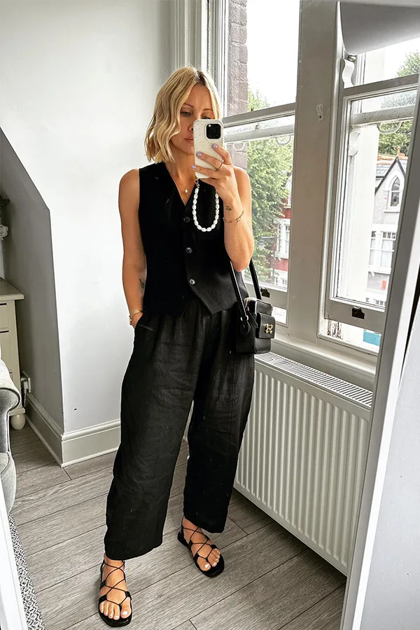 All Black Waistcoat Look With Wide Leg Trousers