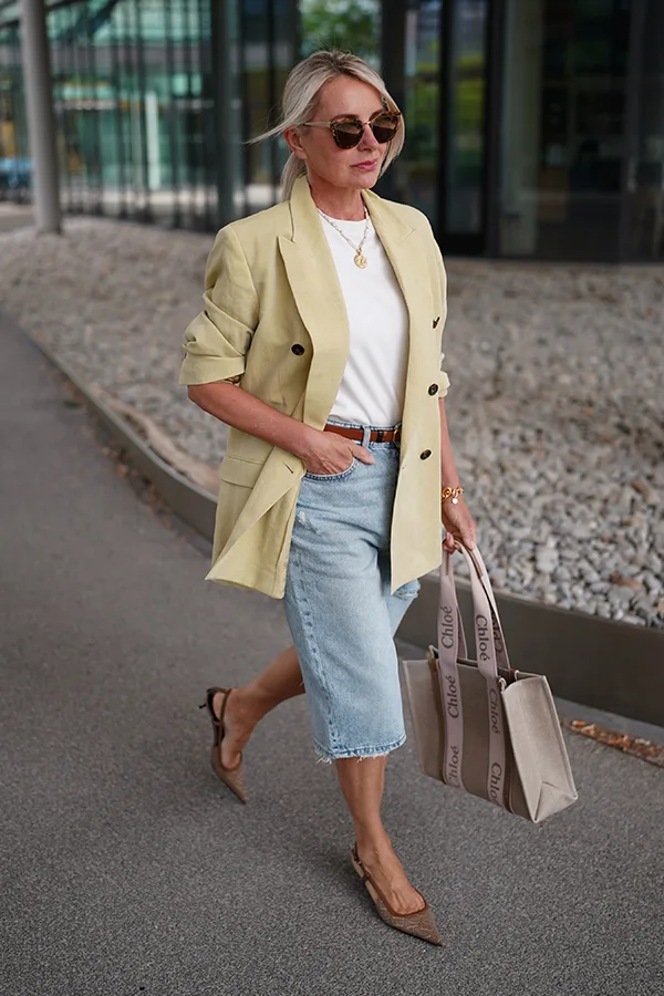 Beige Blazer With White Tee And Light Wash Jorts