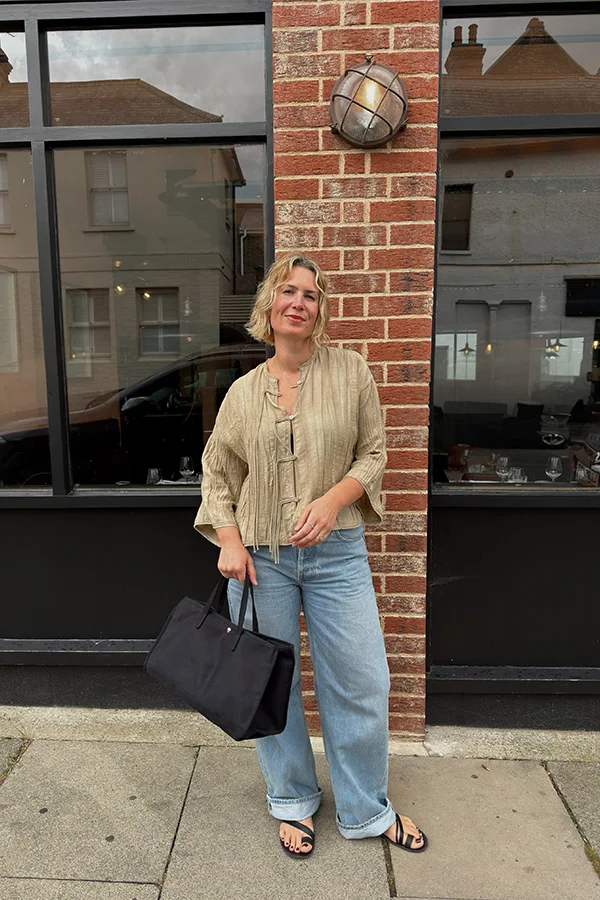 Beige Knit Top With Relaxed Blue Jeans