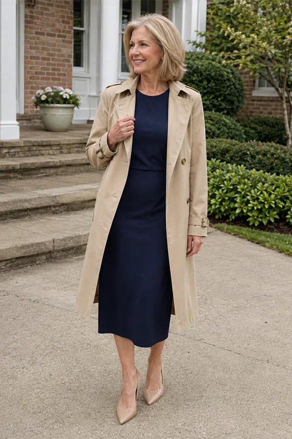 Beige Trench Coat Over A Navy Midi Dress