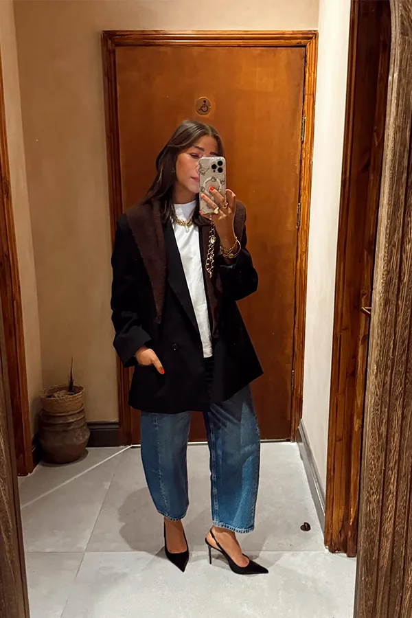 Black Blazer With White Blouse And Cuffed Jeans