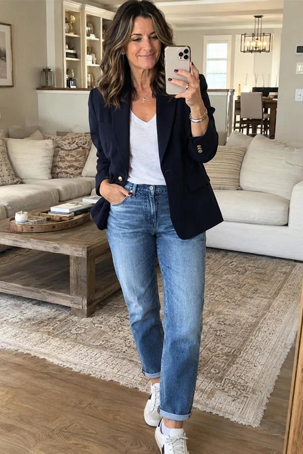 Black Blazer With White Tee And Straight Leg Jeans
