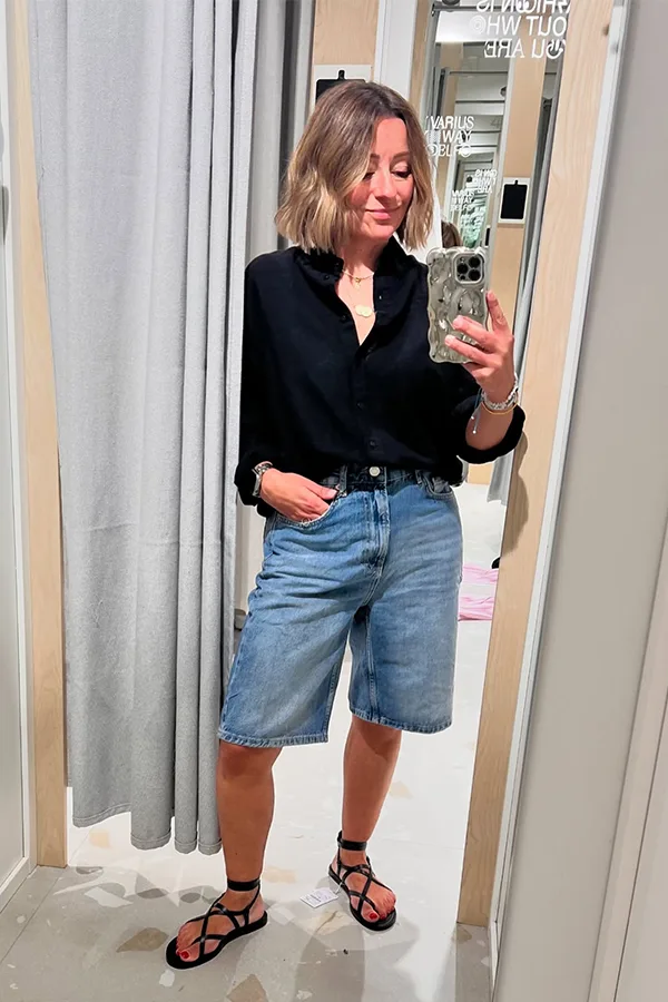 Black Button Up Top With Relaxed Denim Jorts