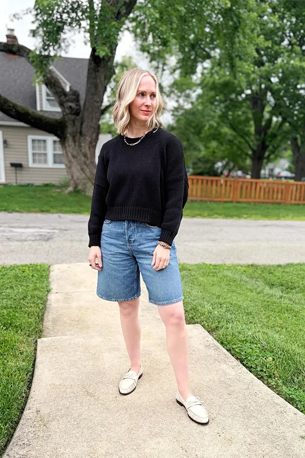 Black Long Sleeve Top With Jorts And White Loafers