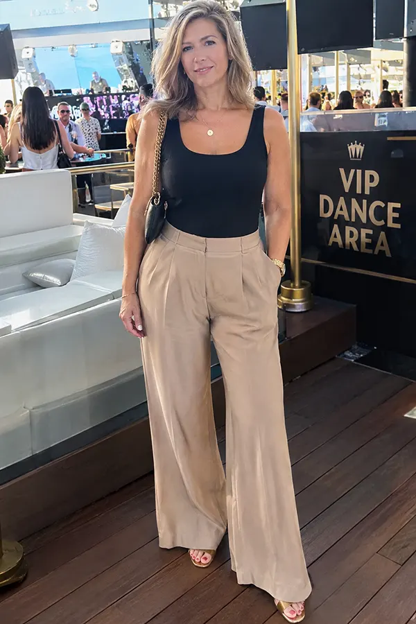 Black Tank Top With Wide Leg Beige Trousers