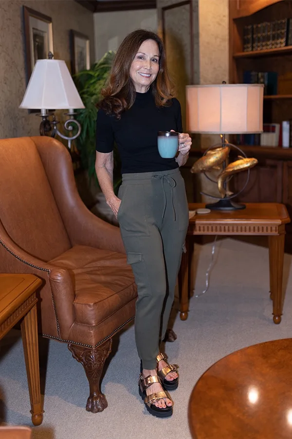 Black Tee With Gray Trousers And Flat Sandals