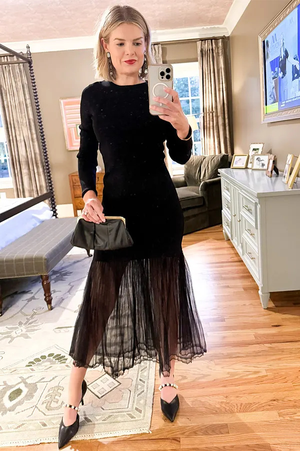 Black Top With A Flowing Sheer Midi Skirt