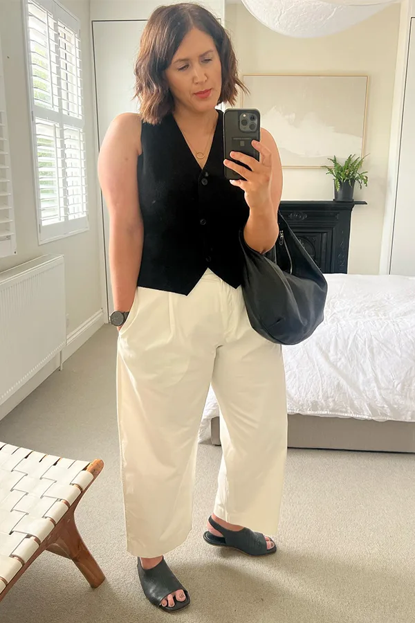 Black Waistcoat With Cream Wide Leg Pants