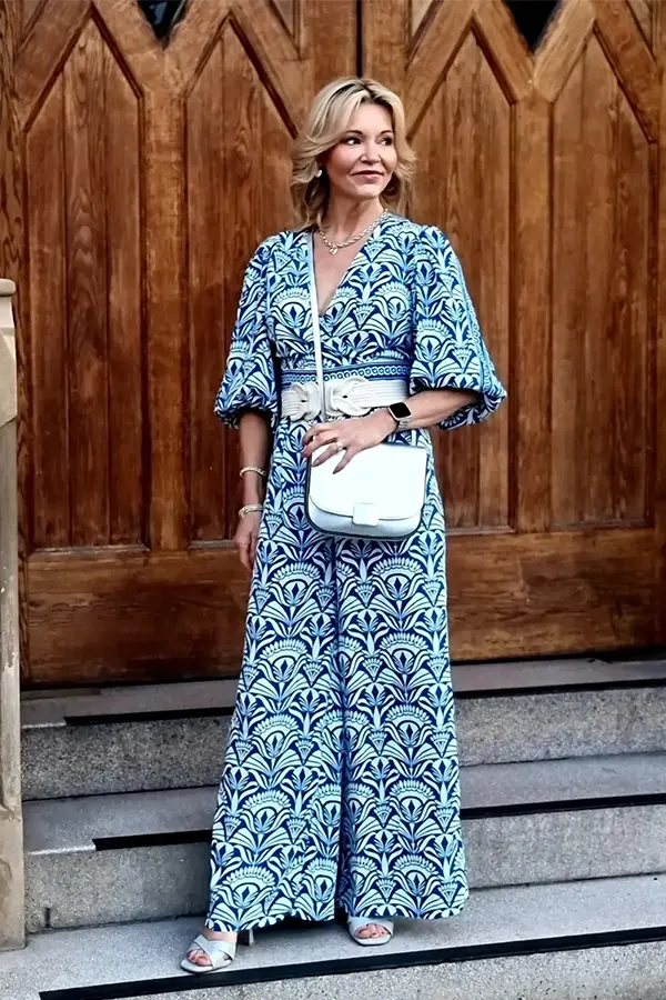 Blue Patterned Jumpsuit With A Matching Waist Detail