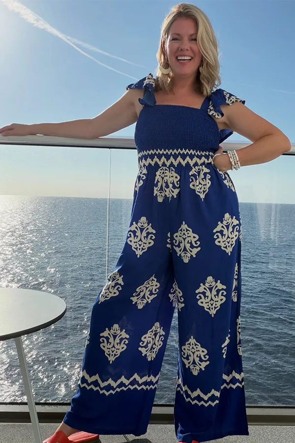 Blue Printed Jumpsuit With A Defined Waist