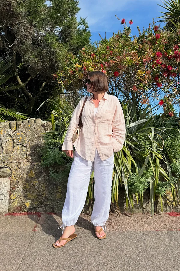 Blush Shirt With Relaxed White Pants