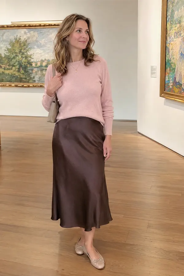 Blush Sweater With A Satin Midi Skirt