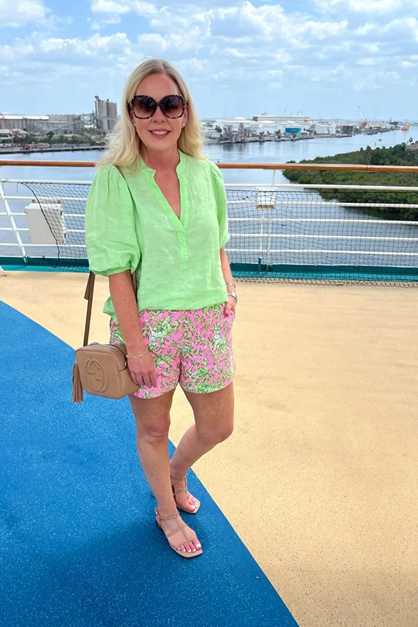 Bright Green Top With Printed Shorts For A Casual Sea Day Look