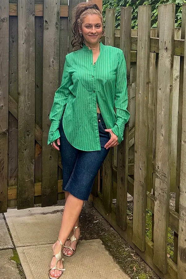 Bright Green Tunic With Dark Denim Jorts