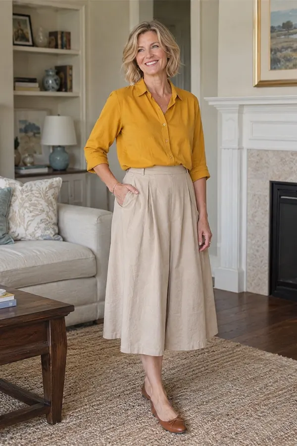 Bring A Bright Yellow Shirt To A Soft Midi Skirt