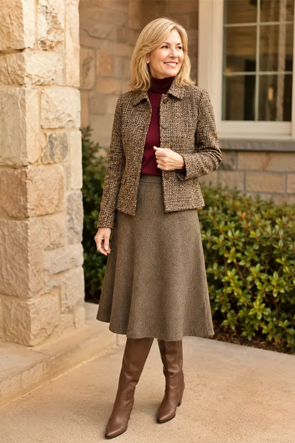 Brown Tweed Jacket And Skirt For A Classic Capsule Look