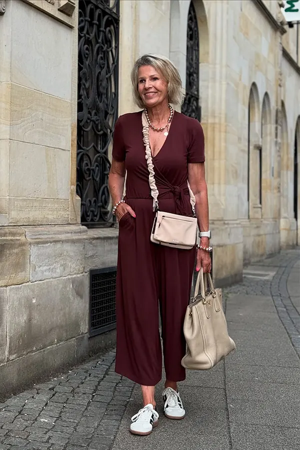 Burgundy Jumpsuit With Simple Accessories