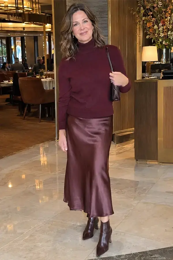 Burgundy Sweater With A Satin Midi Skirt