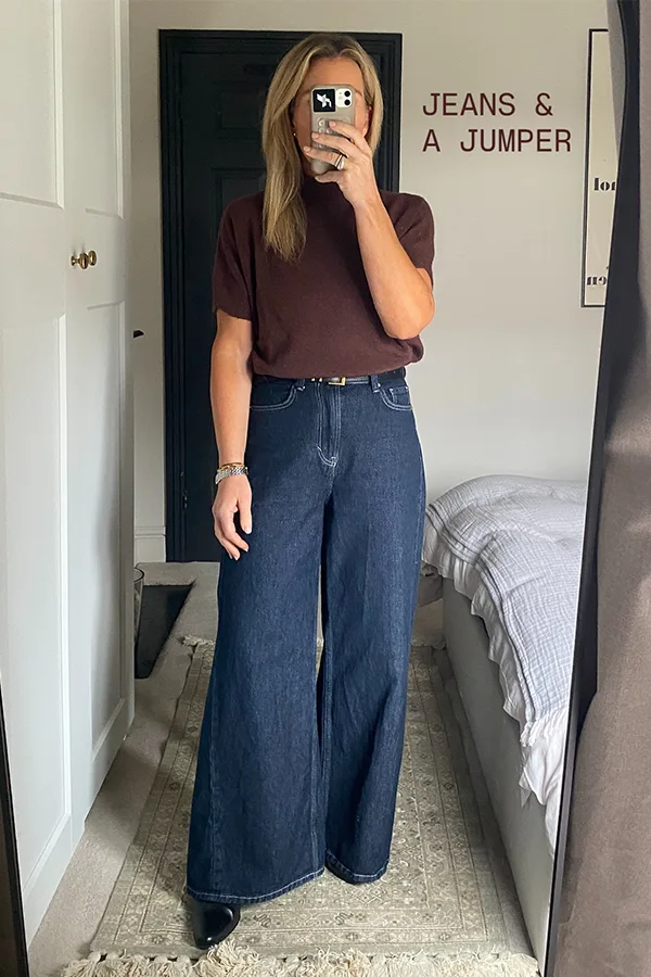 Burgundy Tee With High Waisted Wide Leg Jeans