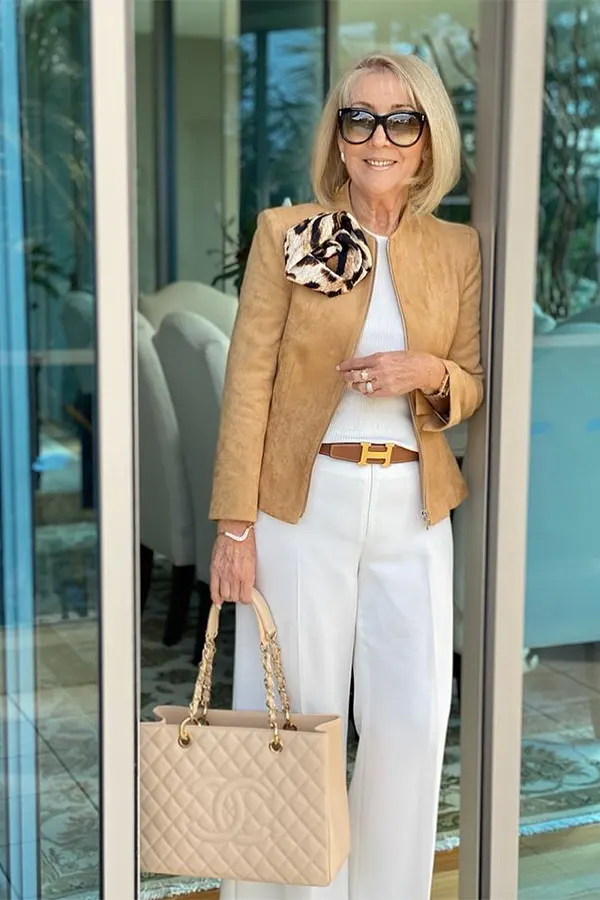 Camel Blazer And White Pants For A Polished Capsule Look