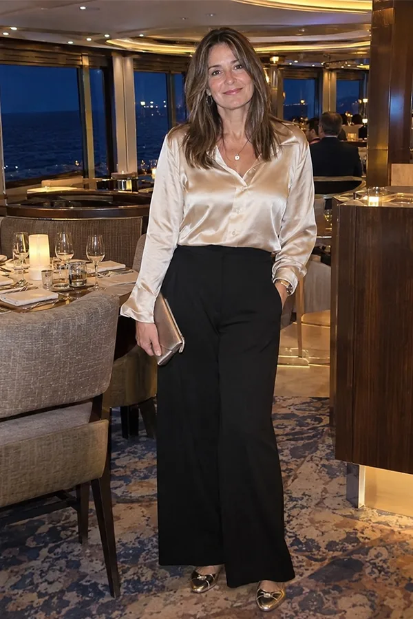 Champagne Blouse With Black Wide Leg Pants
