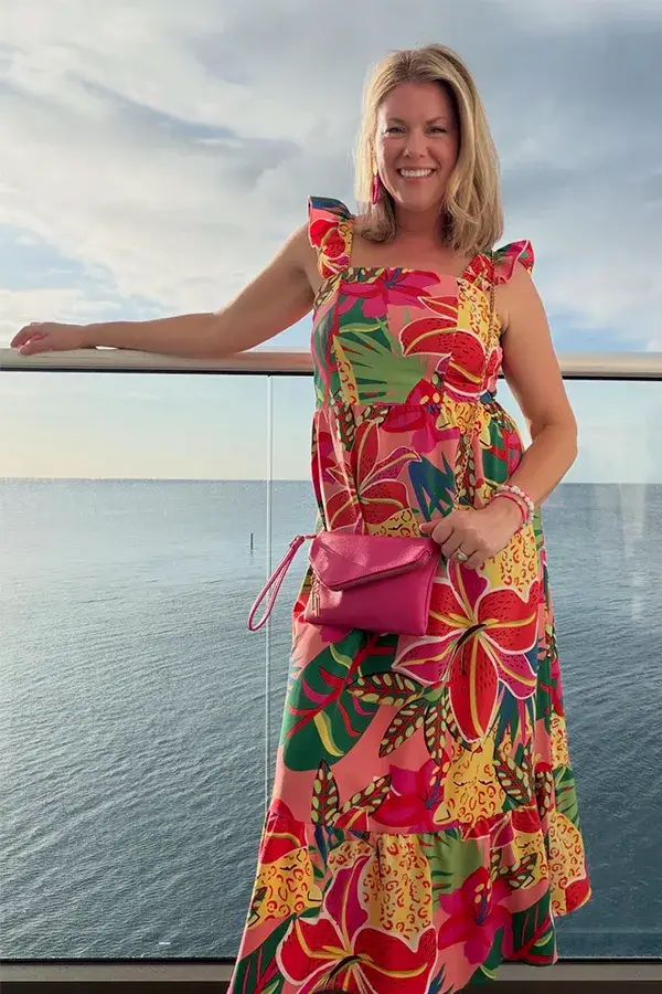Colorful Floral Maxi Dress With A Pink Crossbody Bag