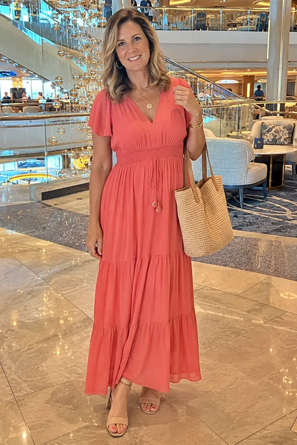 Coral Midi Dress With A Woven Tote