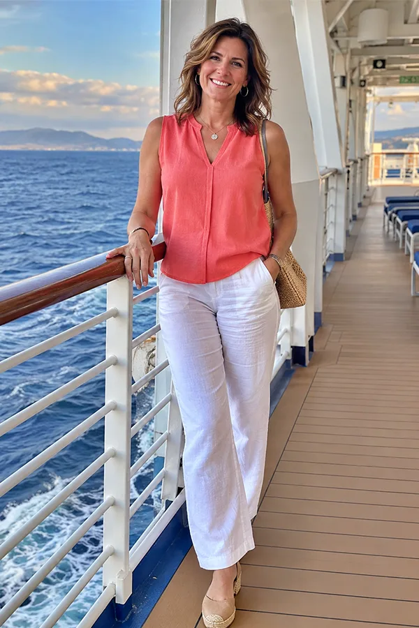 Coral Sleeveless Top With White Pants For A Fresh Cruise Outfit