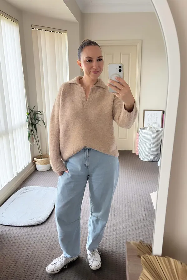 Cozy Blush Sweater With Relaxed Blue Jeans