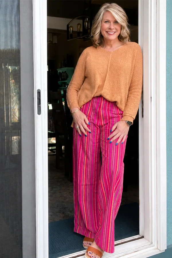 Cozy Knit Top With Bright Pink Wide Leg Pants