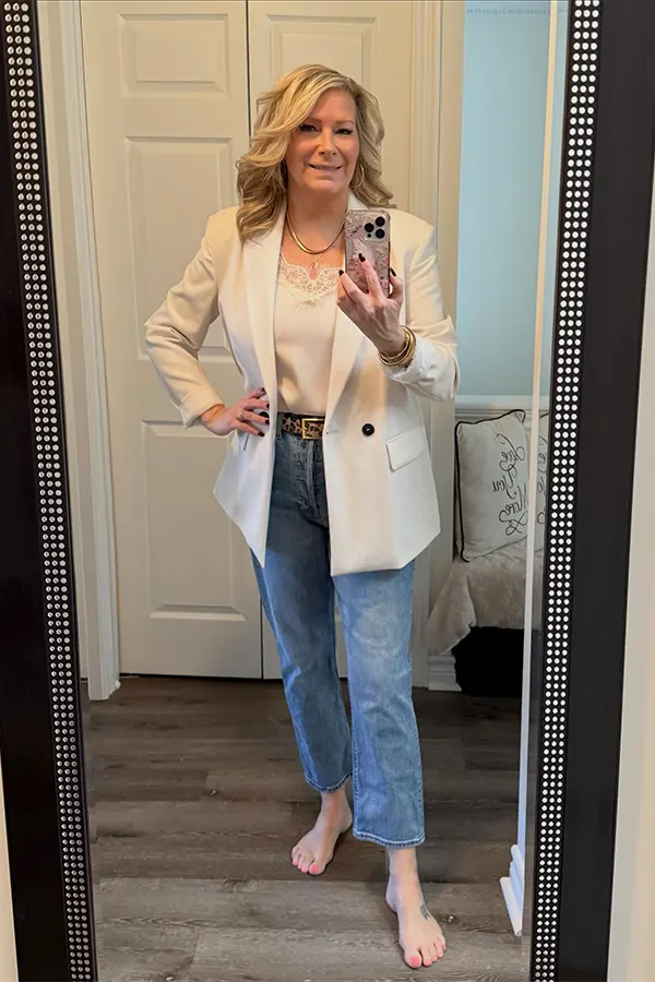 Cream Blazer And Jeans For A Soft Smart Casual Outfit