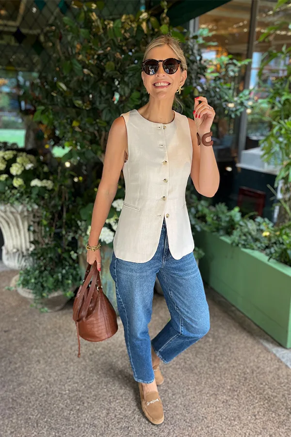 Cream Button Front Vest With Relaxed Jeans