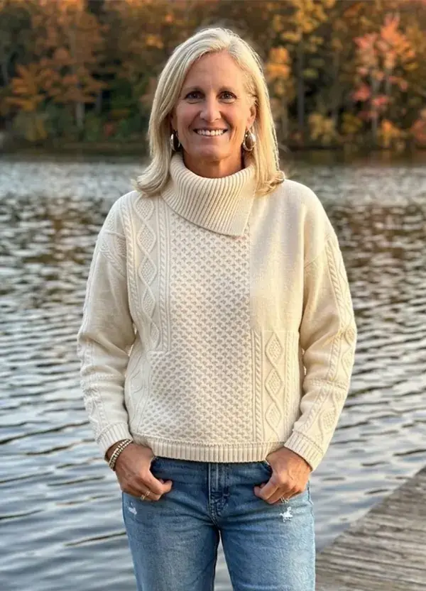 Cream Cable Knit Sweater With Relaxed Blue Jeans