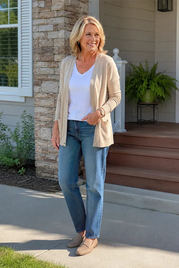 Cream Cardigan White Tee And Jeans For Everyday Ease