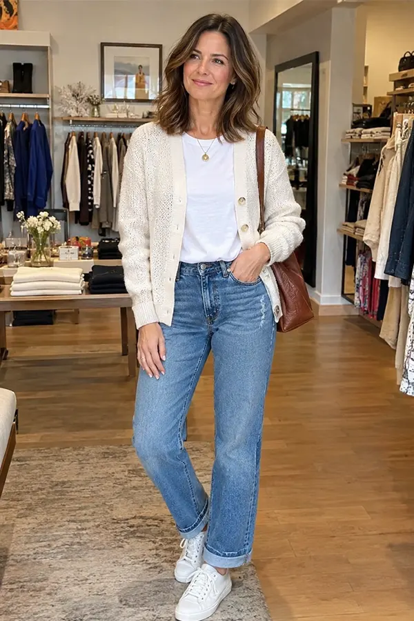 Cream Cardigan White Top And Straight Leg Jeans