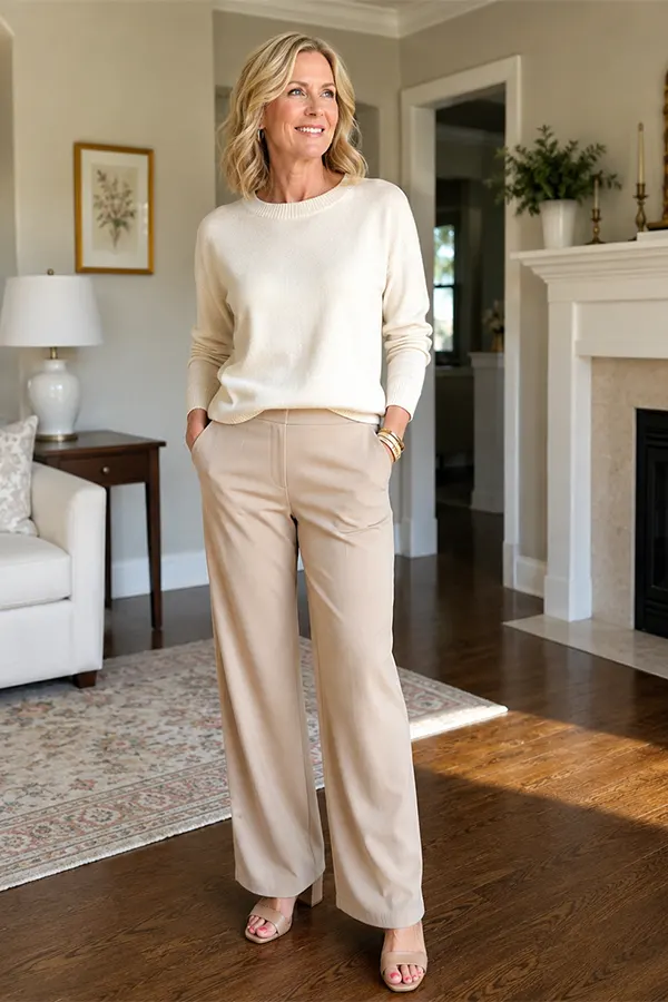 Cream Sweater And Beige Trousers For Soft Neutral Dressing