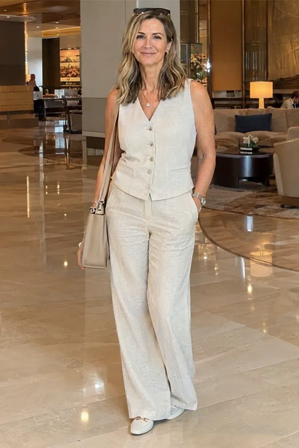 Cream Waistcoat With Matching Wide Leg Trousers