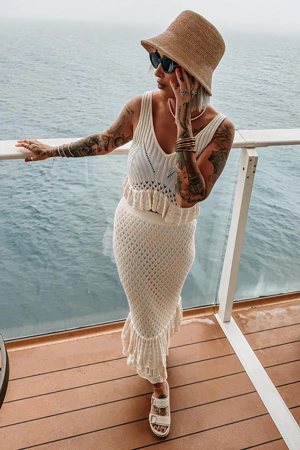 Crochet Two Piece Outfit With A Straw Hat