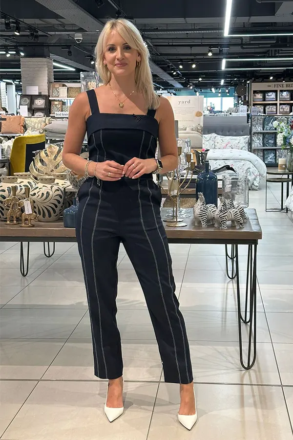 Dark Denim Jumpsuit With White Pointed Heels
