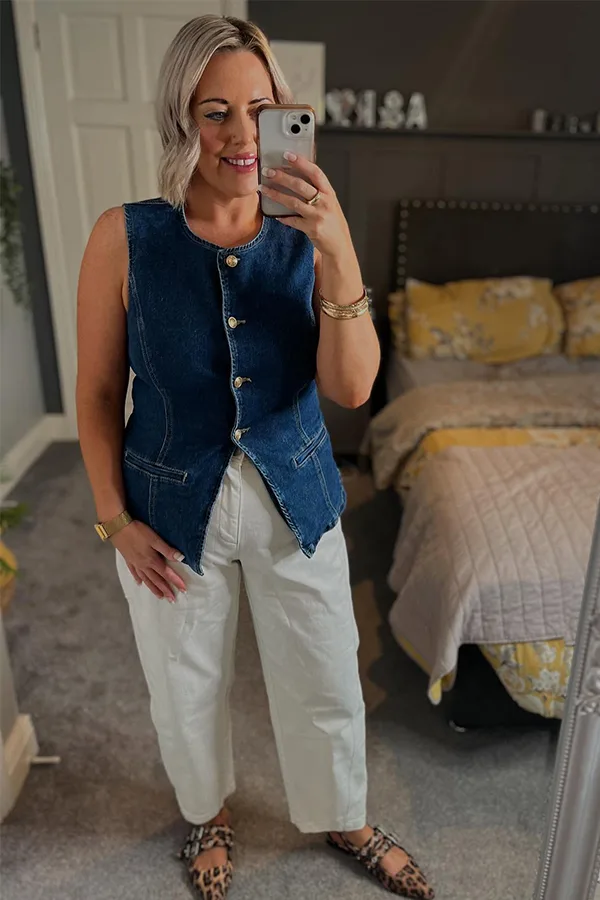 Dark Denim Waistcoat With Cream Wide Leg Pants
