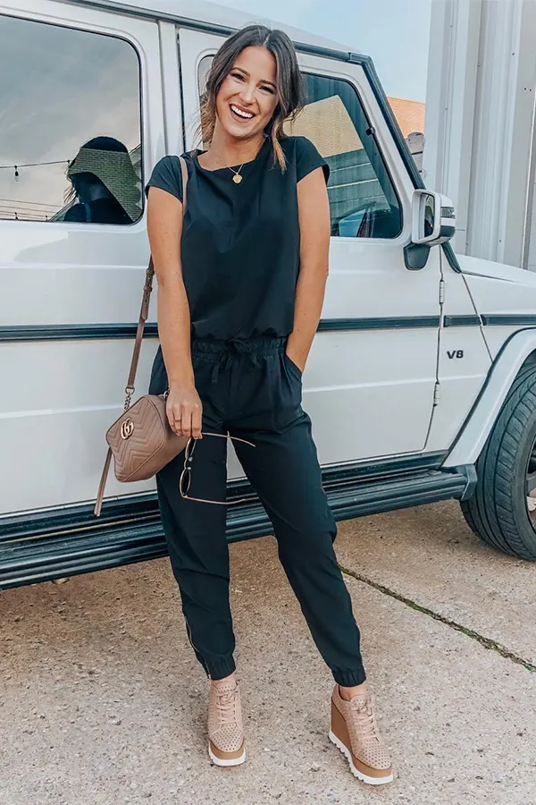 Dark Teal Jumpsuit With Neutral Accessories