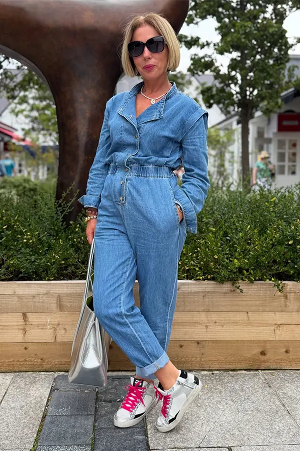 Denim Jumpsuit With Bright Sneakers