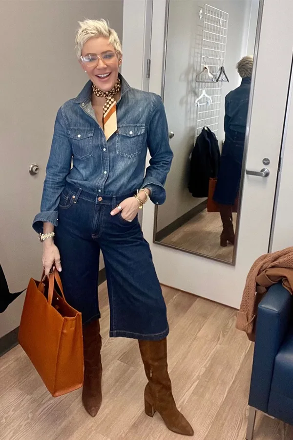 Denim Shirt And Long Jorts With Knee High Boots