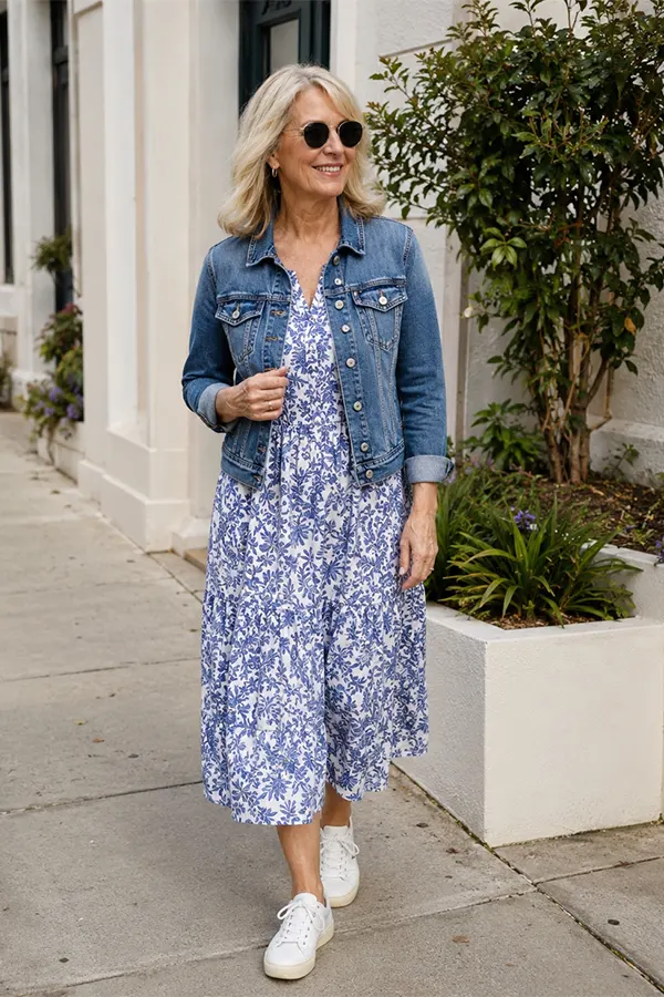 Floral Midi Dress With A Denim Jacket And Sneakers