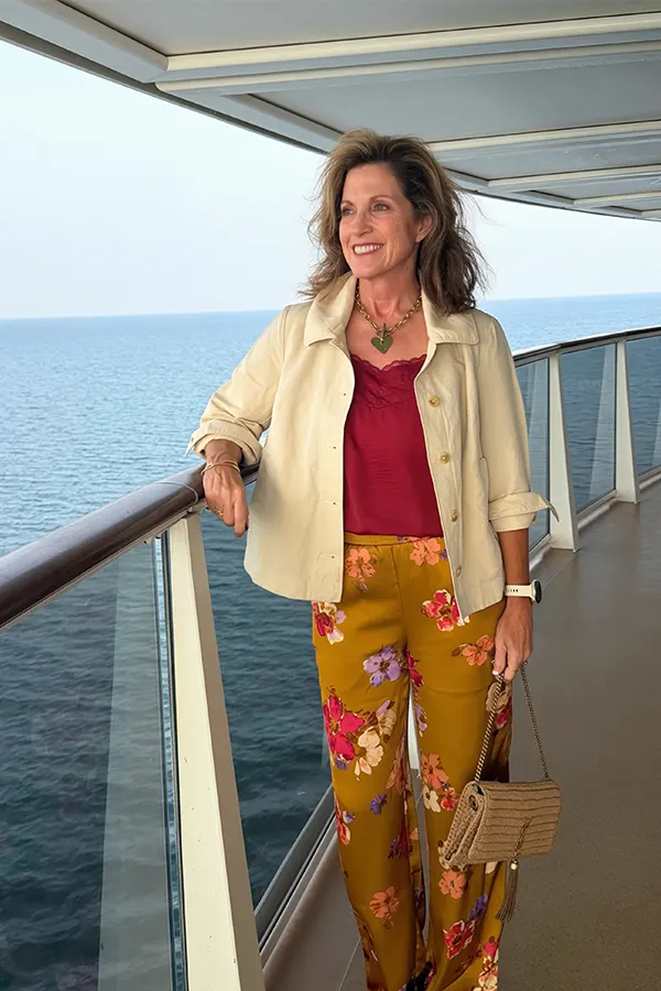 Floral Pants Red Top With A Light Jacket