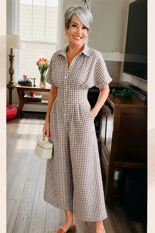 Gingham Jumpsuit With A Defined Waist