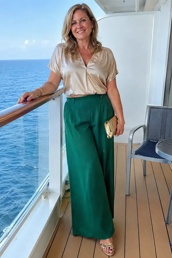 Golden Blouse With Wide Leg Green Pants